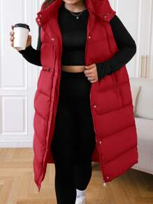 SHEIN PETITE CURVE Plus Size Plain Front Zipper Sleeveless Pocket Minimalist Hooded Winter Jacket - Red - View 4