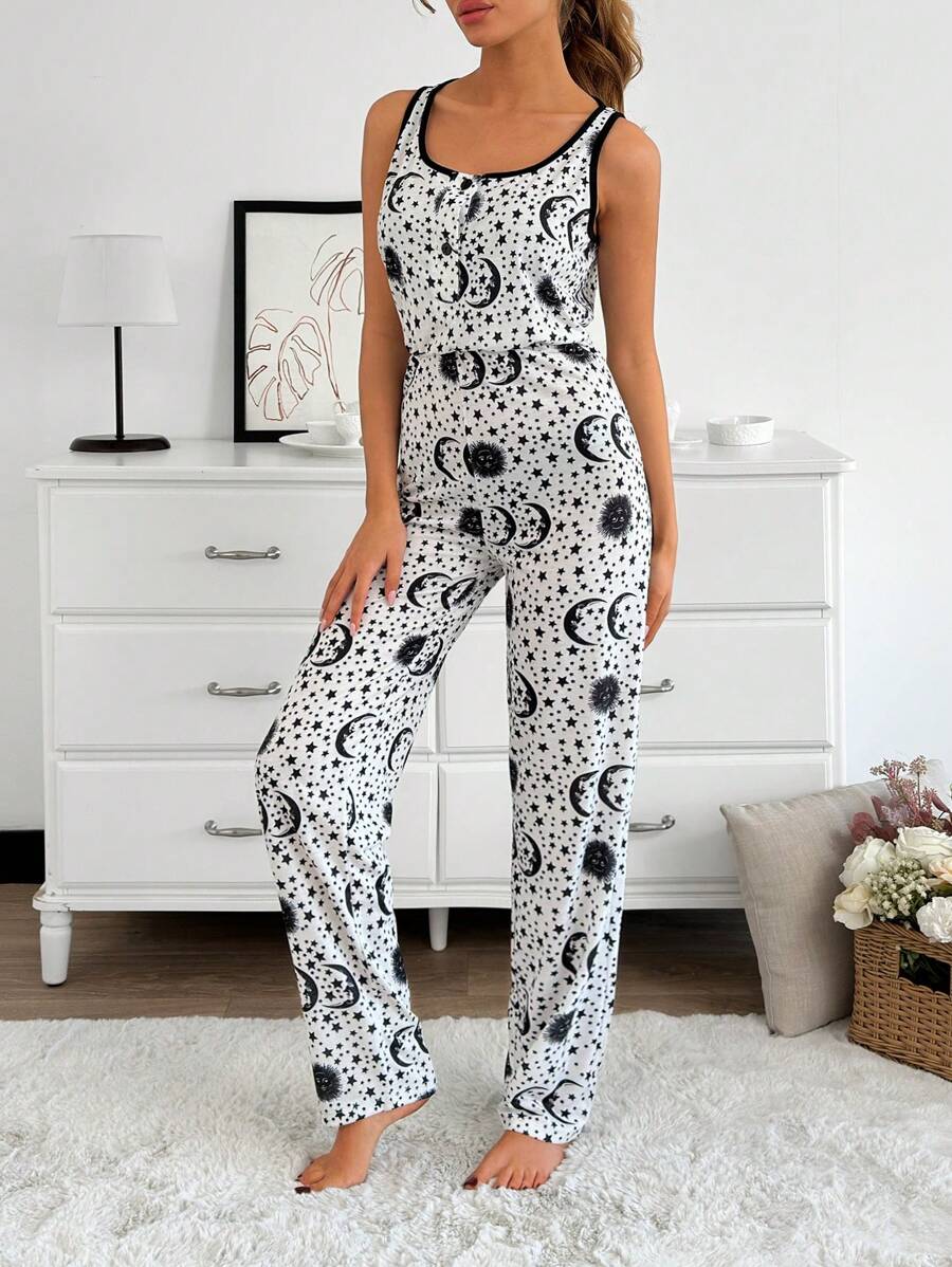 RueChic Women Viscose Soft Touch Contrast Collar Button&Piping Detail With Moon&Sun Pattern Long Homewear Jumpsuit - Black and White - View 1