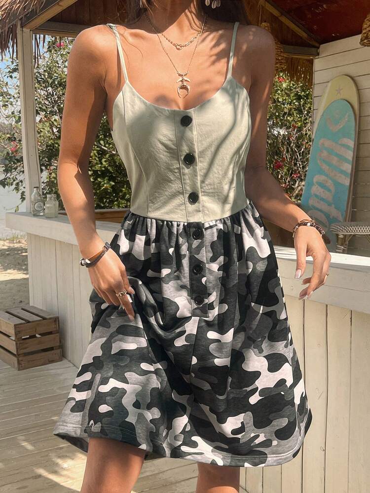Camouflage Print Patchwork Strappy Mid-Calf Dress For Women Summer Sundress,Casual Women Dresses