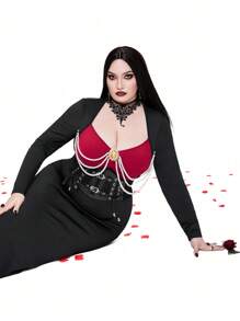 Whyspr Goth Punk Plus Size Women Square Neck Faux Pearl Chain Decor Colorblock Long Sleeve Vintage Elegant Party Dress,Valentine - Black - View 4
