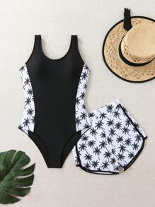 SHEIN Sparklyn 1 件连体泳衣或 2 件椰子树印花少女泳衣 - 彩色 - 查看 1