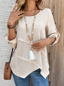 EMERY ROSE Women's Round Neck Asymmetrical Hem Blouse - Khaki - View 4