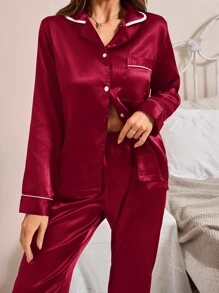 Women Front Button Long Sleeve Pocket Simple Top And Pants Pajama Set, Fall Winter Clothes - Burgundy - View 3