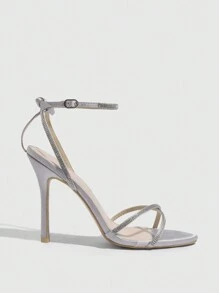 CUCCOO SZL Gray Women's Pointed Toe High Heel Sandals With Rhinestone Strappy Crisscross Design, Elegant Sexy Luxury Style For Party, Date, Valentine's Day - Grey - View 7
