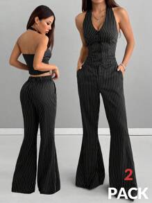SHEIN EZwear Áo sọc đi chơi hòa nhạc Y2K dành cho nữ và quần ống loe nhỏ, 2 chiếc - màu đen - Xem 4