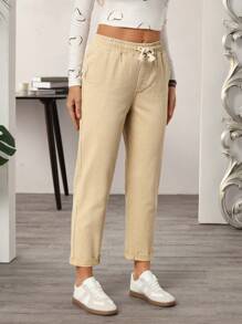 SHEIN Essnce Quần Jeans Co Giãn Lưng Thun Co Giãn Giặt Thường Ngày Denim Dày - Màu Khaki - Xem 4