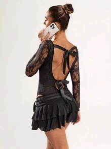SHEIN BAE Women's Clothing Elegant Daily Street One-Shoulder Back Ribbon Tie Bow Decoration Daily Travel Lace Bodysuit Valentine's Day Women's Clothing Spring And Summer Nightclub Women's Clothing Sexy Spring Clothing Beach Vacation Wear