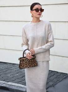 EURMUSE Sweater And Midi Skirt With Front Seam Detail - Apricot - View 4