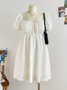 Dreamara Plus Size Women Romantic White Jacquard Fabric Ruffle Short Sleeve A-Line Mini Dress, Spring Wedding Season Vacation - White - View 4