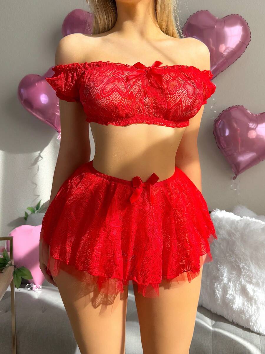 SHEIN 3pcs Valentine's Day Sweet Lingerie Set (Wireless, Skirt + G-String) - Red - View 1