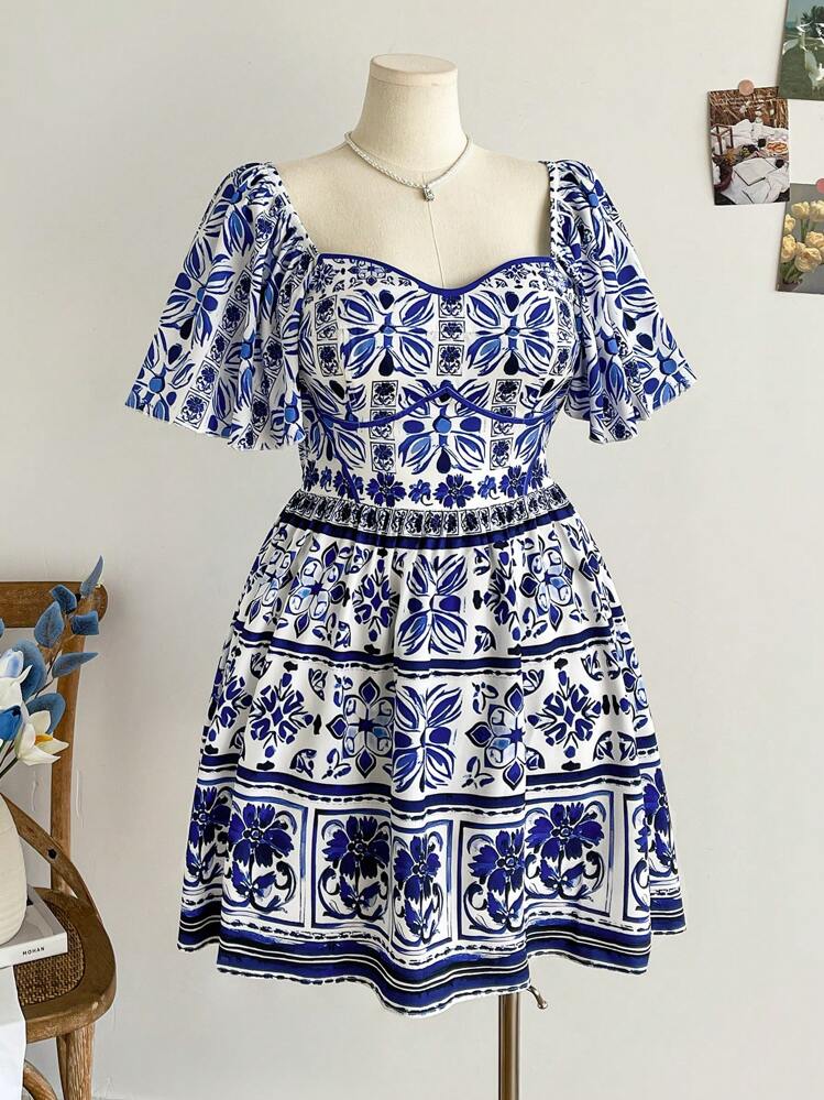 Soleia Vestido mini de línea A con cuello de corazón, mangas cortas con volantes, cintura ceñida, estampado vintage para mujer de talla grande. Vestido de playa, vacaciones de primavera, atuendo festivo bohemio - Multicolor - Añade 5