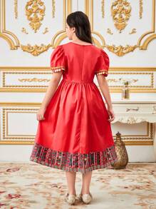 SHEIN Tween Girl Elegant Luxurious Retro Printed Gold Sequin Decorated Long Dress - Red - View 2