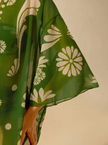 CAJUNI Women's Boho Green Tropical Print Casual Holiday Beach Swim Cover Up Kimono For Summer Beach Vacation
