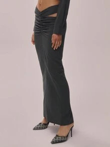 MUSERA Linen Look Cut Out Ruched Maxi Skirt Elegant Summer Vacation Classy - Grey - View 3