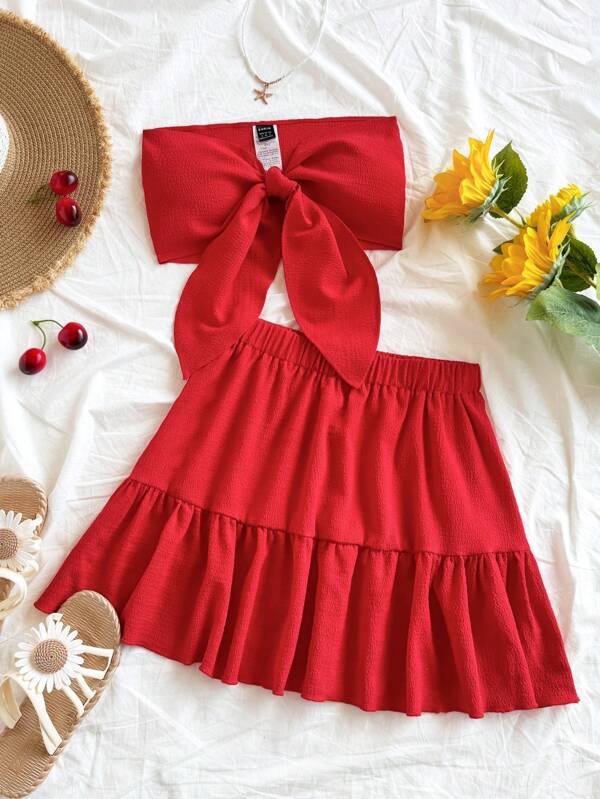 Soleia Women's Vacation Casual Solid Color Tie-Up Tube Top And Skirt 2 Pieces Set
