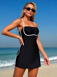 Swim SPRTY New Summer Women Spaghetti Strap Solid Black & Side Striped Elegant Vacation Romper Swimsuit - Black and White - View 8