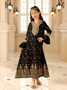 Tween Girls V-Neck Long Sleeve Graphic Detail Minimalist Long Dress - Black - View 7