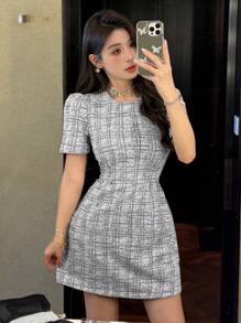 DAZY Women Elegant Plaid Round Neck Puff Sleeve Short Dress Prom Dress Fall,Winter