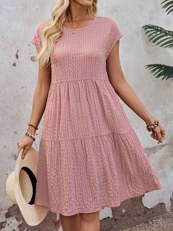 EMERY ROSE 女式春夏纯色荷叶边下摆圆领短袖连衣裙