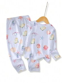 Baby Girl Seashell And Starfish Pattern Casual Simple Comfortable Thick Long Sleeve & Long Pants Homewear Suitable For Autumn/Winter, Snug Fit - Multicolor - View 2