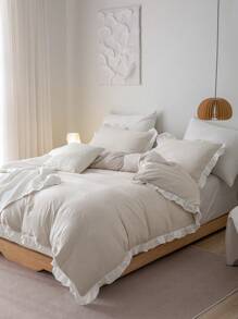 Bộ chăn ga gối đệm Polyester trơn màu be 3 món (1 vỏ chăn + 2 vỏ gối, không ruột), phong cách cổ điển tối giản, Polyester mềm mại và thân thiện với da, thích hợp cho phòng ngủ, mọi mùa - Màu be - Xem 8