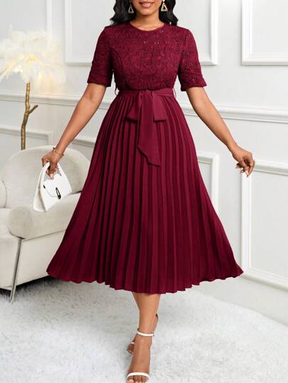 SHEIN Lady Wedding Guest Dress Water-Soluble Lace Pleated Waist Belted  Women's Dress | SHEIN USA
