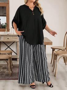 SHEIN CURVE+ Plus Size Women 2 Pieces Set Black V-Neck Short Sleeve Top And All-Over Printed Pants, Casual Holiday Outfit, Spring And Autumn,Holiday Outfits Boho