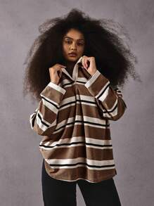 Athîral Women's Earthy Brown Striped Polo Collar Sweatshirt: Casual Long Sleeve Top In Fall/Winter - Coffee Brown - View 3