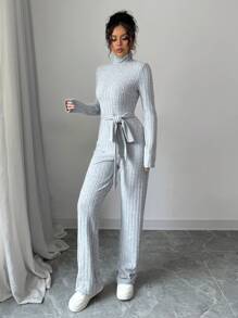 SHEIN LUNE Women's Solid Color Turtleneck Long Sleeve Drawstring Simple Casual Knitted Jumpsuit