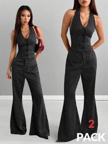SHEIN EZwear Áo sọc đi chơi hòa nhạc Y2K dành cho nữ và quần ống loe nhỏ, 2 chiếc - màu đen - Xem 2