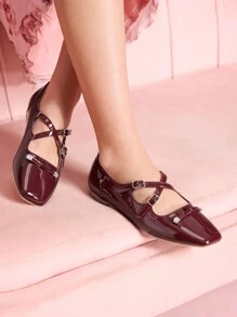 CUCCOO DOLLMOD Platt fyrkantig tå glansigt spänne Design Mode Loafers för kvinnor - Bourgogne - Visa 1