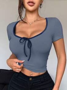 DAZY Women Contrast Trim Lace-Up Crew Neck Short Sleeve Slim Fit T-Shirt Summer,Crop Tops Women