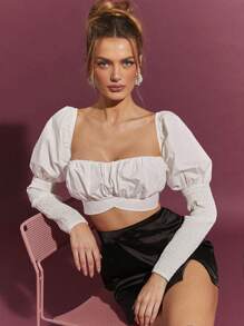 L'Amorae Shirred Puff Sleeve Self Tie Crop Spring Blouses - White - View 1