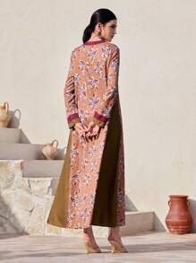 Al Najma Ramadhan Color Block Patchwork Long Arabian Dress Women's Turkish Maxi Dress & Arabian Traditional Abaya Kaftan Jalabiya Dress - Red - View 5