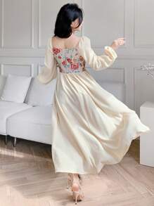 Feyla 女士优雅提花拼接泡泡袖阿拉伯风格连衣裙