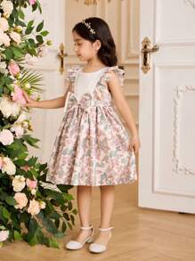 Glamorique Kids Young Girl Round Neck Floral Print Dress With Bow Decoration