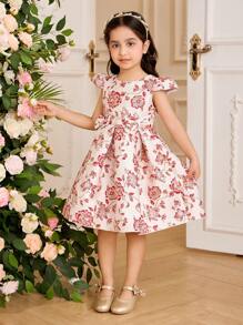SHEIN Glamorique Kids 复活节花童、生日派对、婚礼礼服 - 女孩公主裙、短袖、前蝴蝶结、提花花卉图案、红色，适合特殊场合、舞台表演、派对、拍照 - 所有季节 - 紅色 - 查看 4