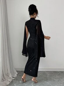 Elenzga 圆领闪亮金箔拼布修身女式连衣裙 - 黑色 - 查看 2