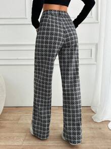 EURMUSE Women Check Pattern High Waist Straight Pants - Grey - View 2