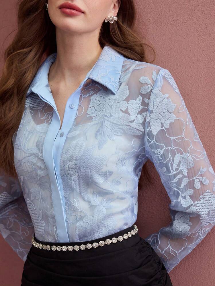 FLOWER EMBROIDERY SHEER BLOUSE