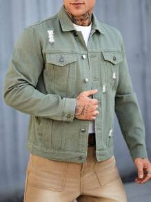 Manfinity Homme Men's Green Distressed Denim Jacket - Army Green - View 6