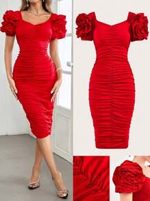 SHEIN Clasi 大码女式优雅情人节荷叶边泡泡袖 3D 玫瑰/花朵装饰紧身红色连衣裙 - 紅色 - 查看 3