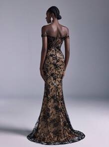 Elitara 优雅奢华露肩黑色撞色蕾丝亮片褶饰高开衩鱼尾长裙，适合婚礼、派对、舞会、活动、宴会、婚礼宾客礼服、正式礼服、晚礼服、长袍 - 黑色 - 查看 3