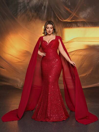 Glamrae 大码优雅奢华红色亮片雪纺大号飘逸鱼尾下摆连衣裙，适合婚礼、派对、约会、舞会、正式场合晚礼服、婚礼宾客礼服、派对礼服、晚礼服