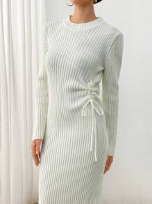 EURMUSE Women's Casual Comfortable Round Neck Drawstring Waist Ribbed Knit Mid-Length Dress - Beige - View 3