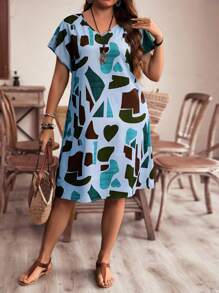 EMERY ROSE Vestido de manga murciélago con estampado completo de talla grande para uso casual en verano