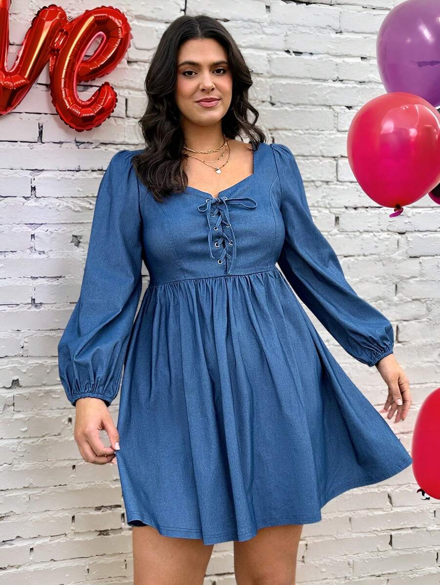 SHEIN LUNE Plus Size Front Twist Tie Lantern Sleeve Cinched Waist Slimming Long Dress, Blue Valentine's Day Long Sleeve Dress - Blue - View 1
