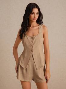 Poéselle 夏季亚麻西装两件套商务休闲套装面料舒适透气适合日常通勤出街装女士夏季休闲纯色背心短裤套装两件套短款套装