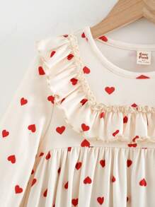 Cozy Pixies Young Girl Ditsy Floral Bow Decor Round Neck Ruffle Hem Waist Fitted Long Sleeve Dress