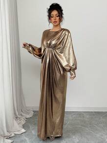 Calvaya Vestido ajustado elegante y sexy de mujer con cuello redondo, manga larga, plisado en la cintura y unicolor